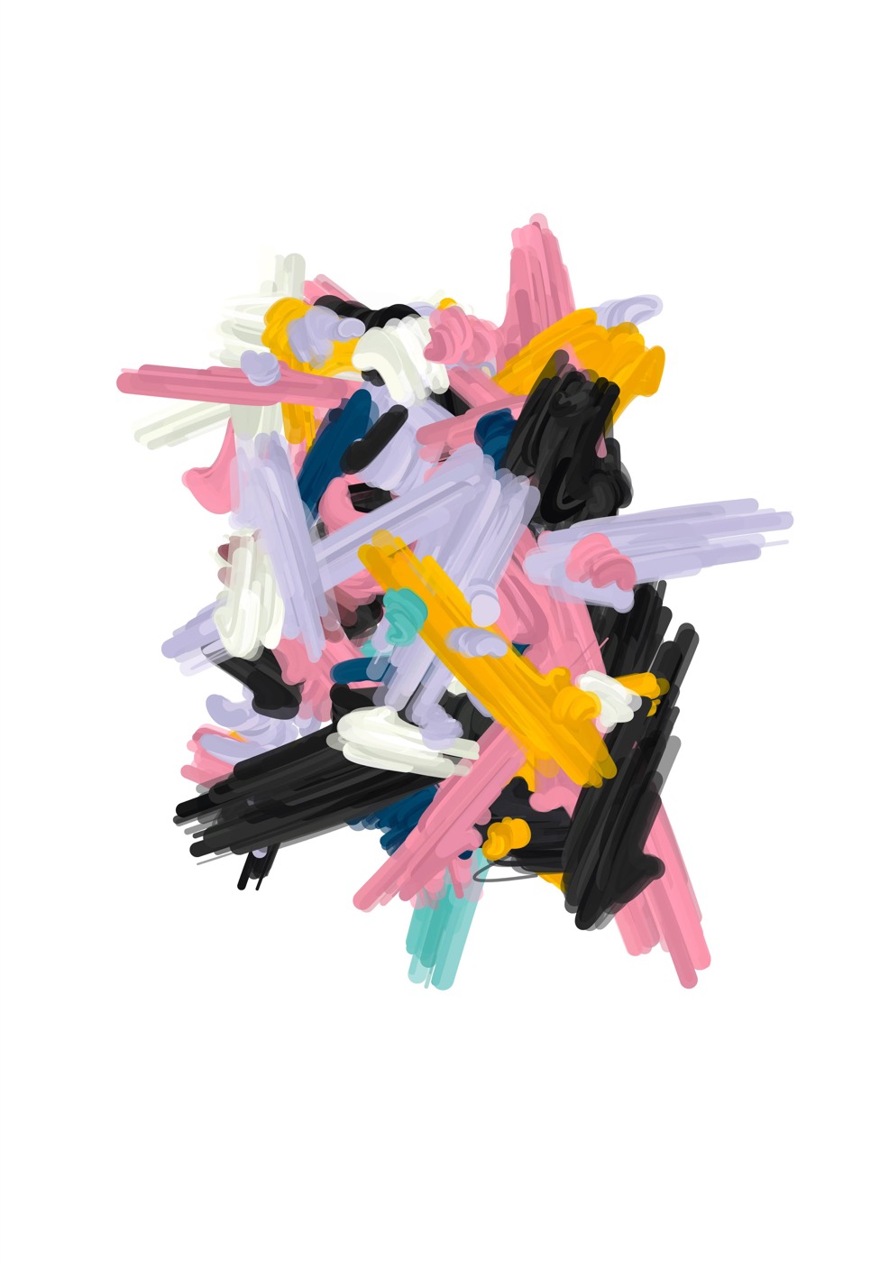Abstract digital painting by Bojan Blagojević: overlapping pink, black, lilac, yellow and teal brush-strokes clustered on a white ground